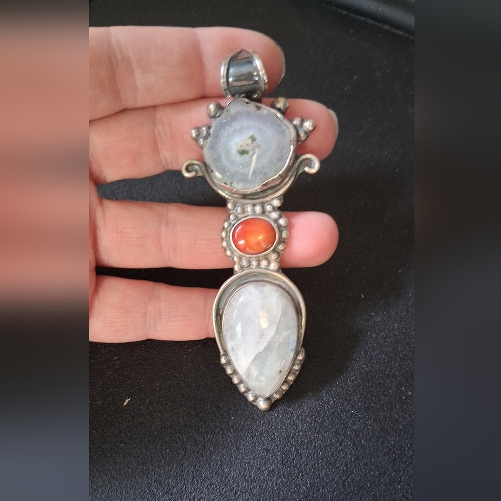 Xmas Gift 🎁 Moonstone, Solar Quartz, Carnelian STERLING SILVER PENDANT